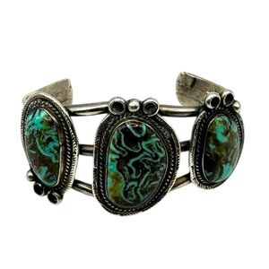 Vintage Native SW Signed Sterling Silver 3 Stone Chrysocolla? Cuff Bracelet 7”